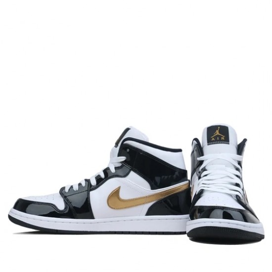 Nike Air Jordan 1 Mid Patent Black White Gold Femme/Homme Chaussure 852542-007